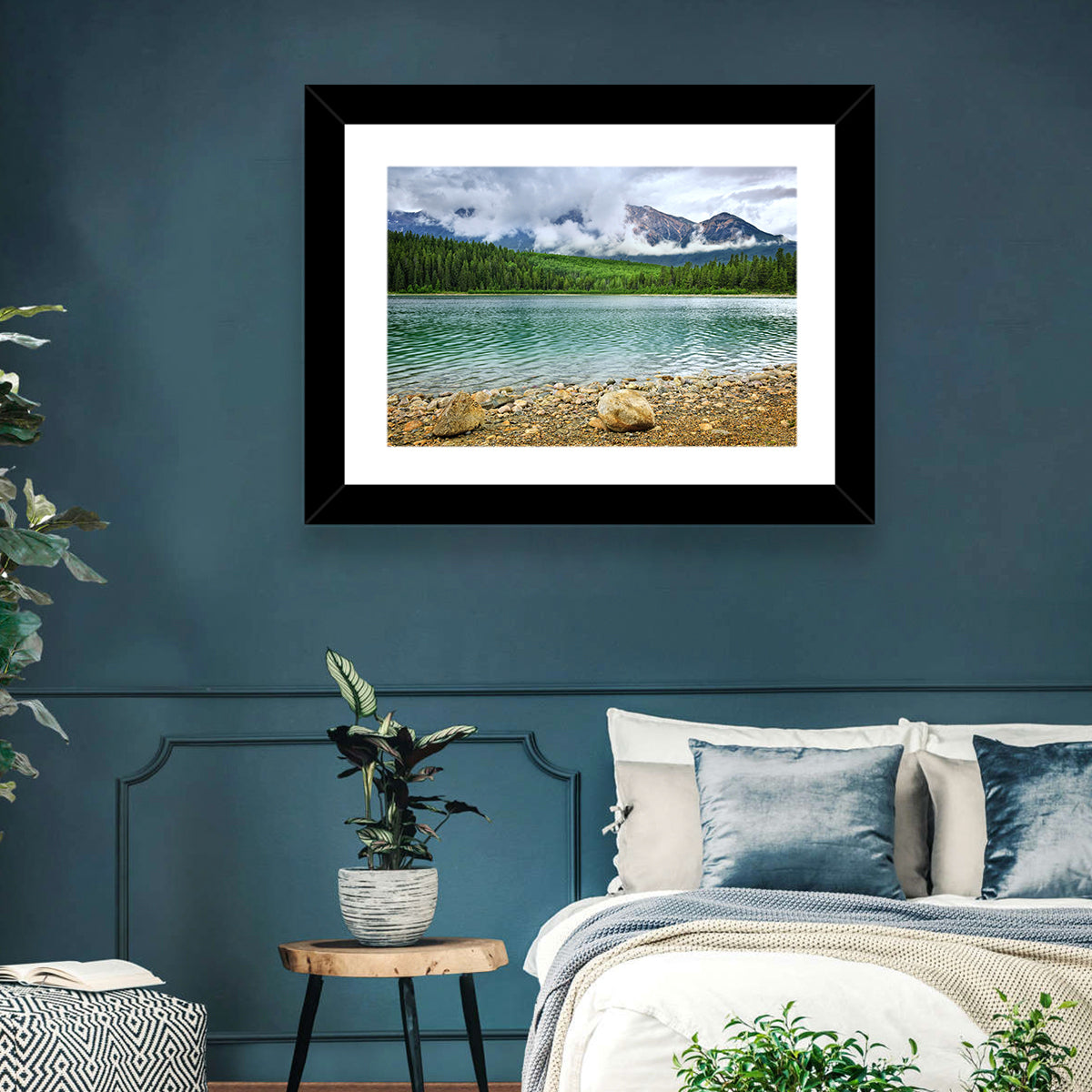 Patricia Lake Cloudy Peaks Wall Art in a room, landscape