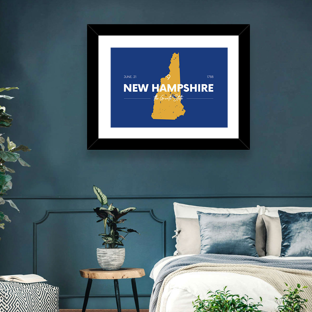New Hampshire State Map, Blue and Gold Wall Art in a room, landscape