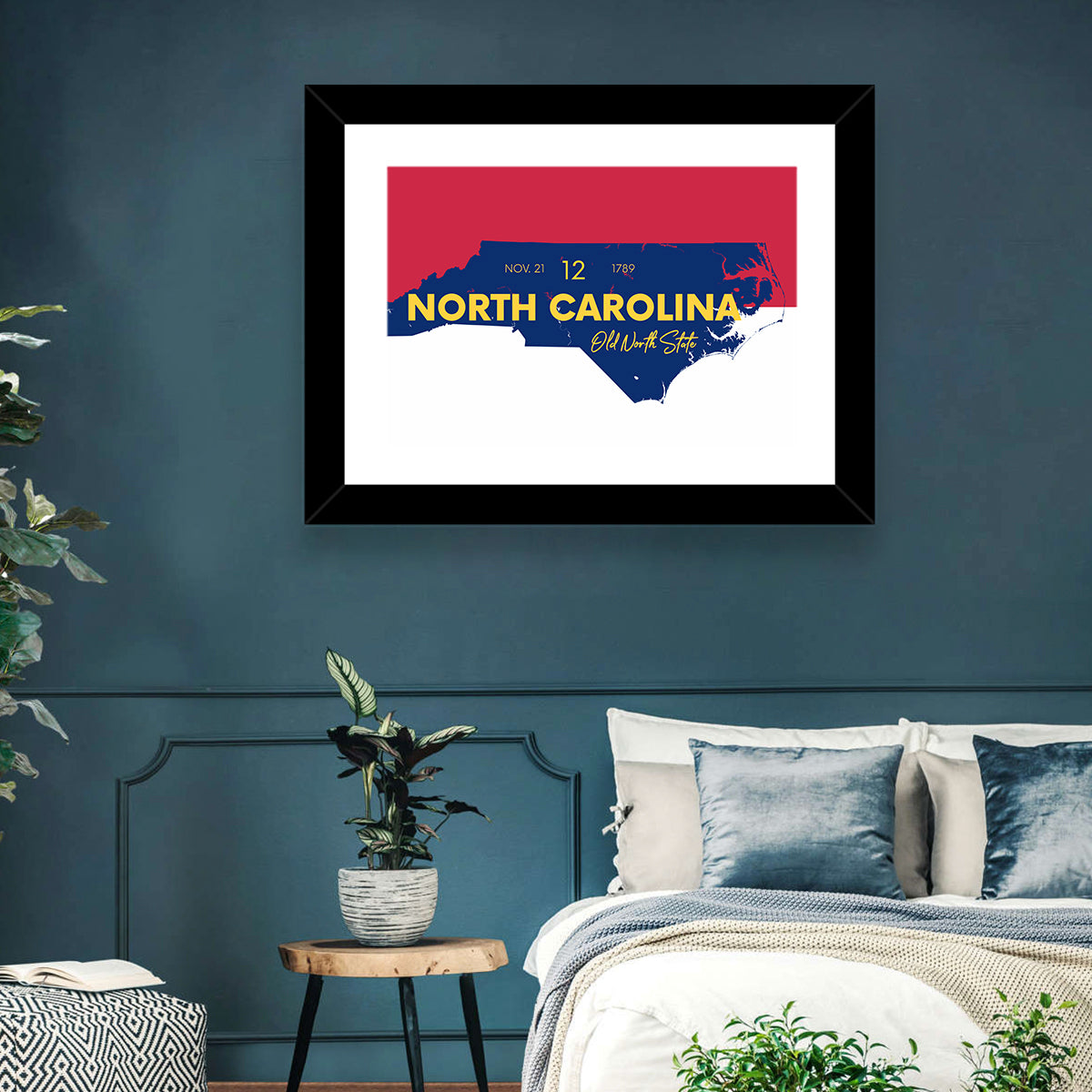 North Carolina Typographic Map Wall Art in a room, landscape