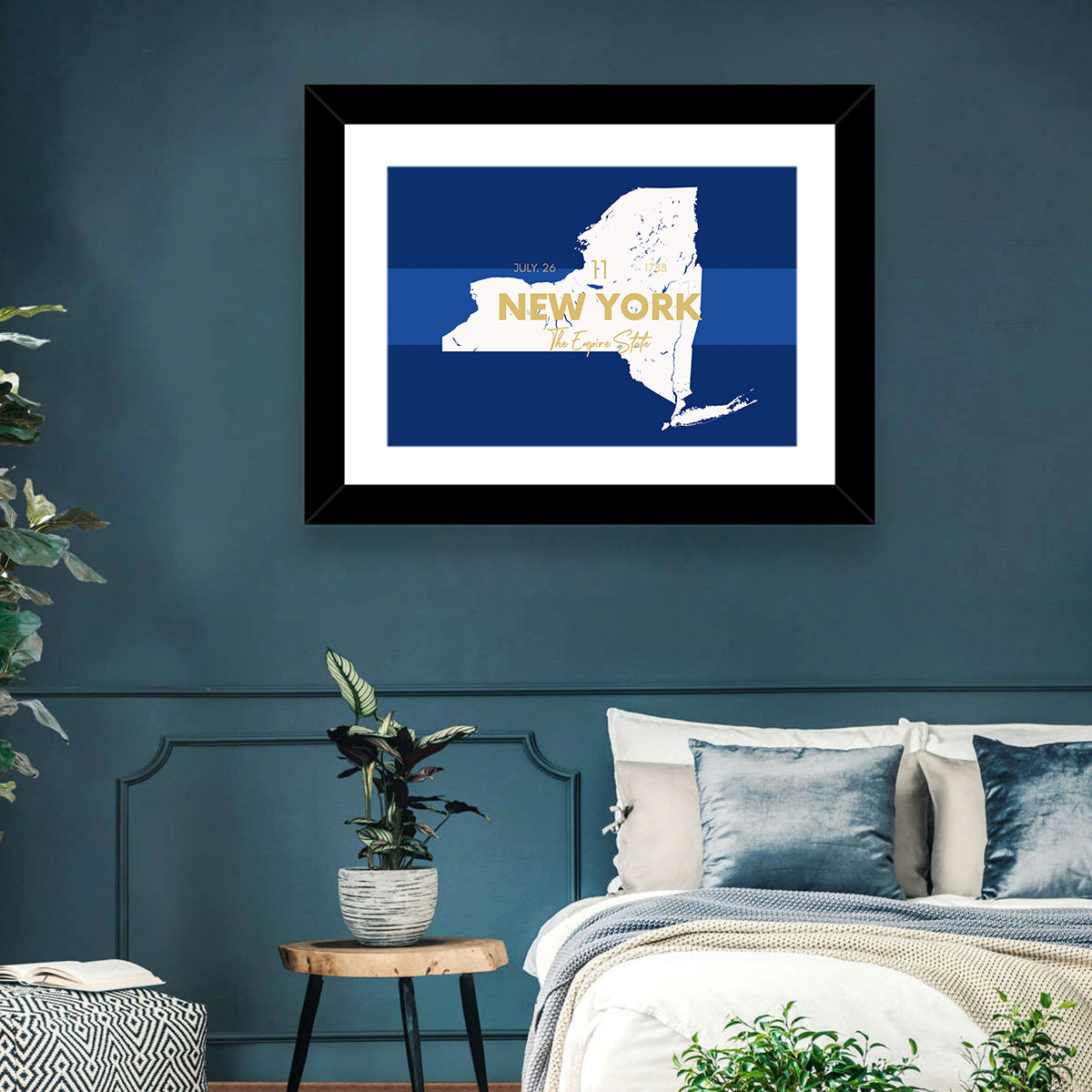 New York State Typographic Map Wall Art in a room, landscape
