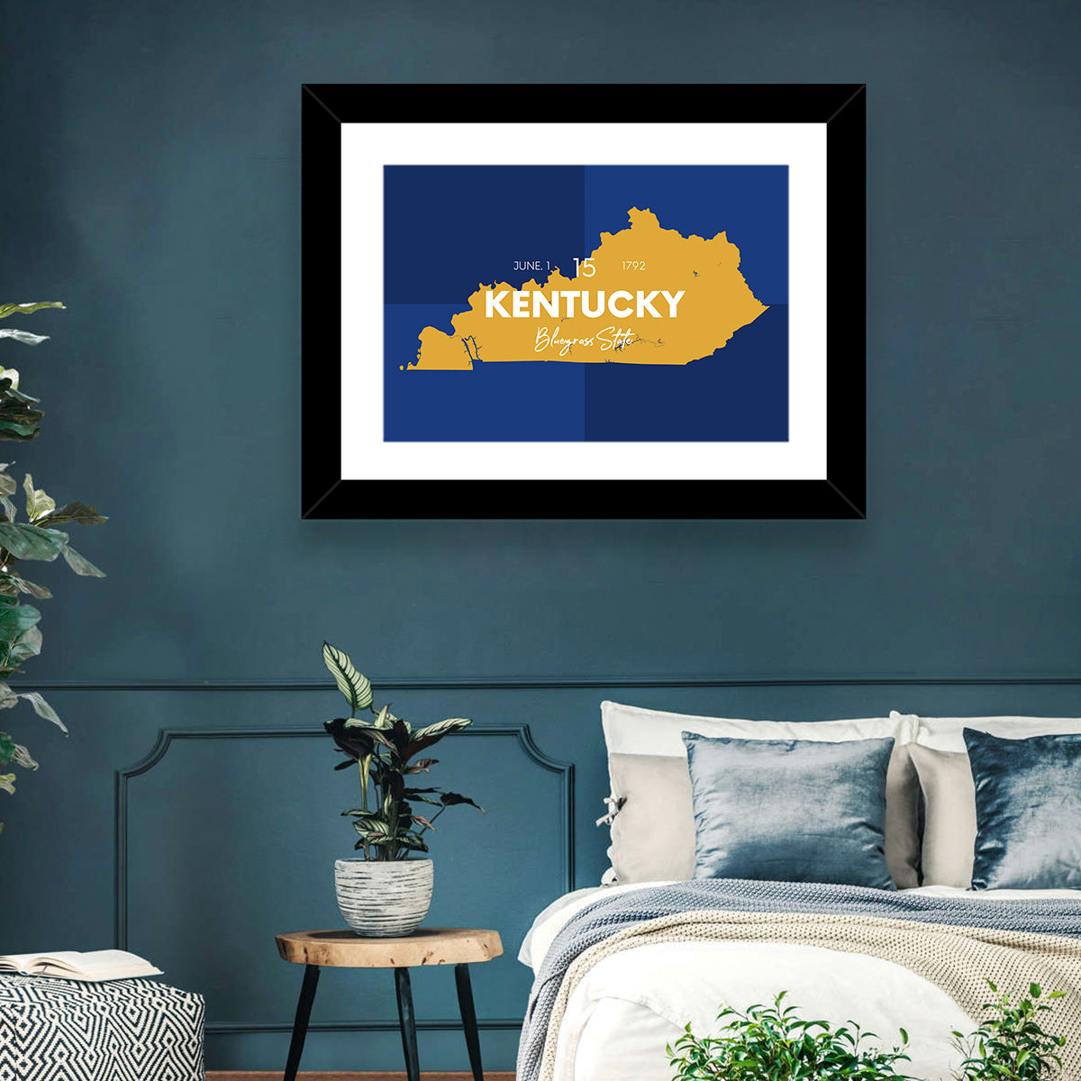 Blue and Gold Kentucky Map Wall Art in a room, landscape
