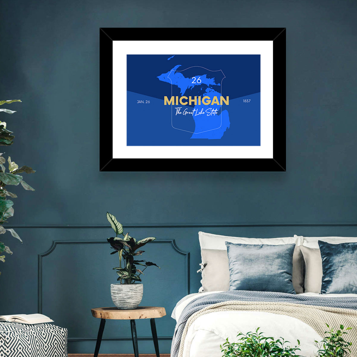 Michigan Shield Map Graphic Wall Art in a room, landscape