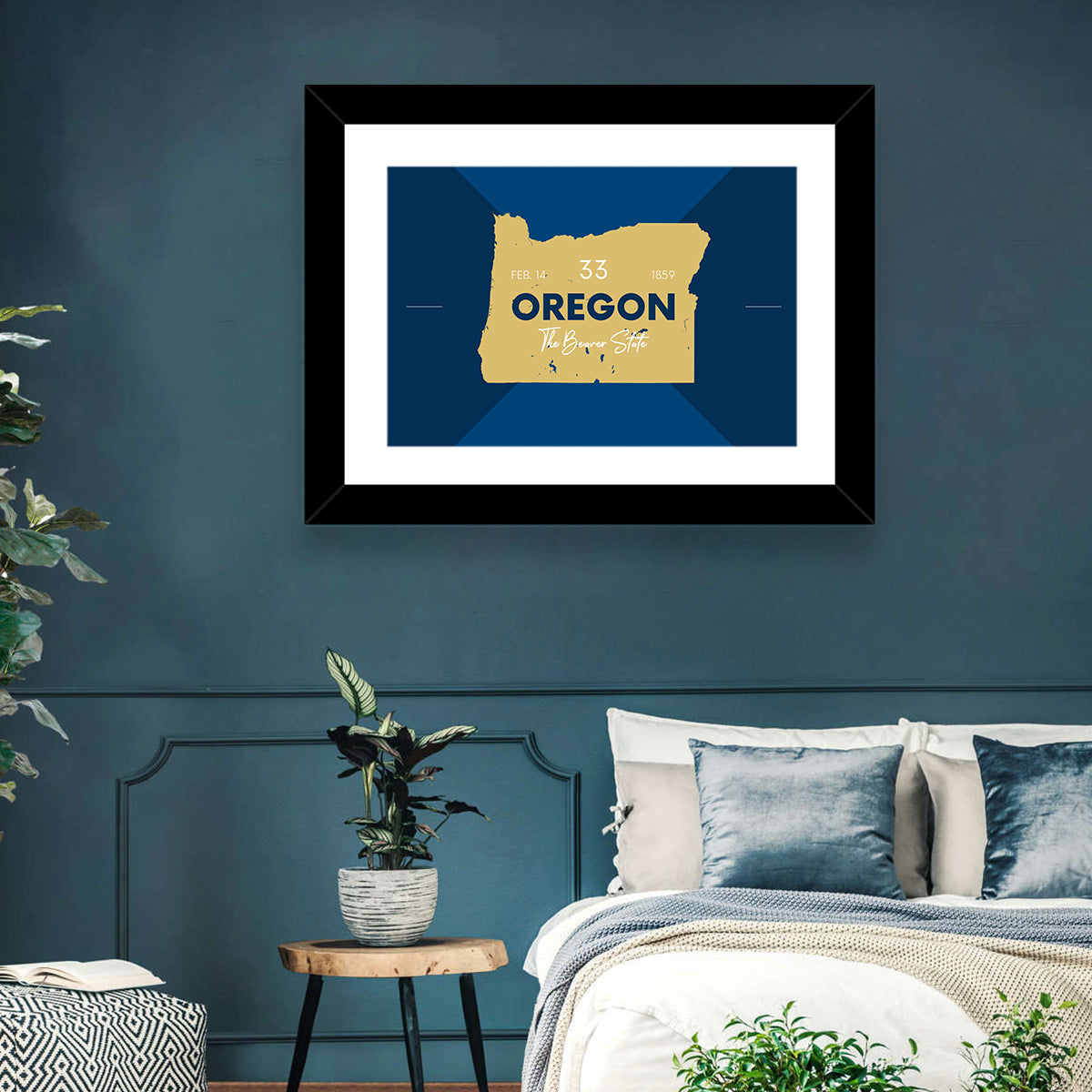 Oregon Typographic Map Wall Art in a room, landscape
