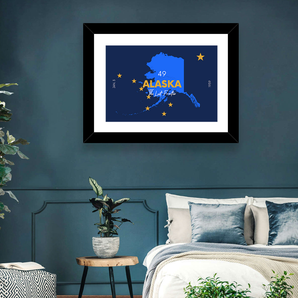 Alaska Map with Gold Stars Wall Art in a room, landscape