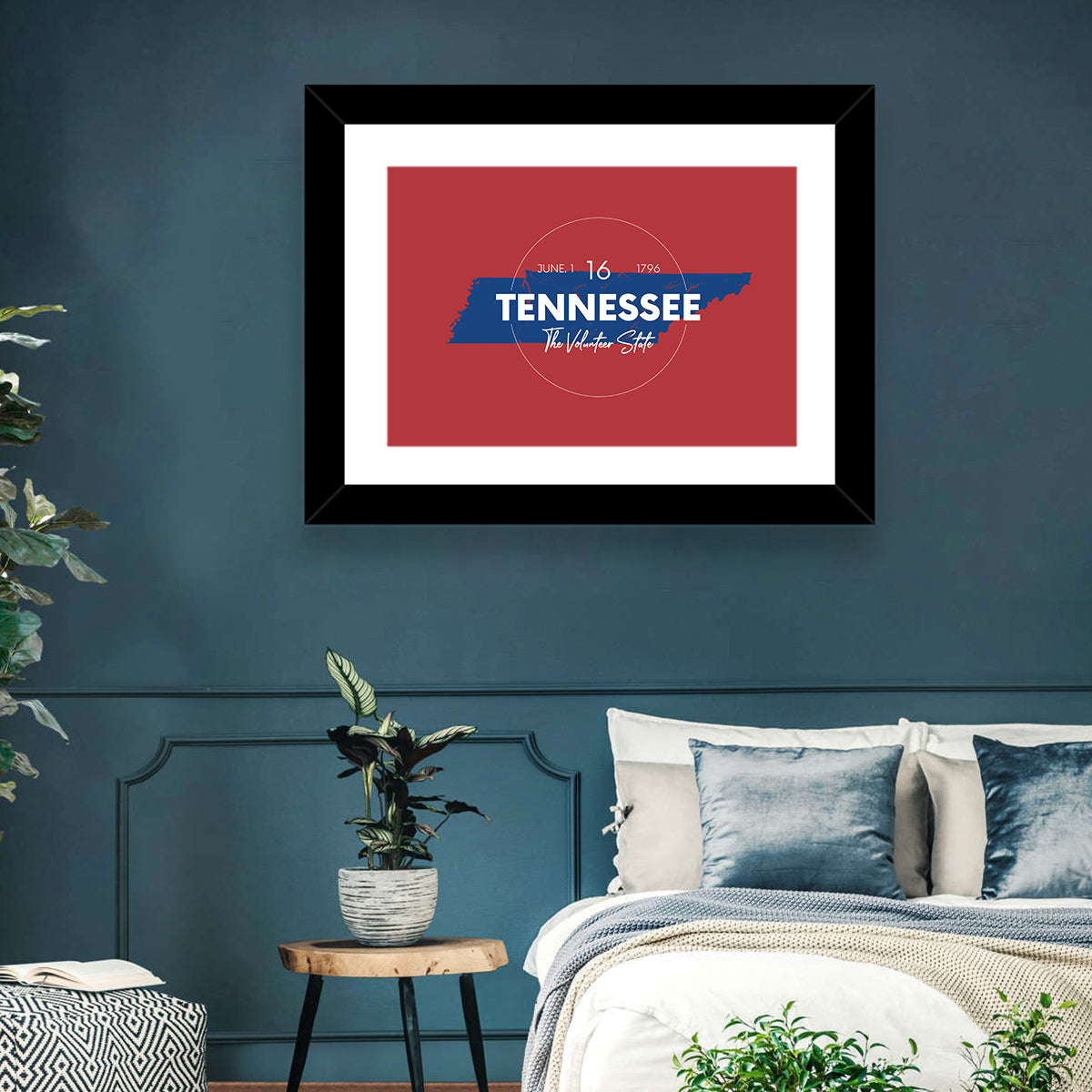 Tennessee Typographic Map Wall Art in a room, landscape
