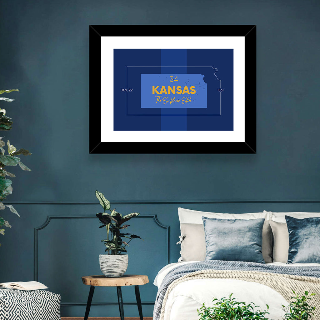 Kansas Typographic Map, Blue and Gold Wall Art