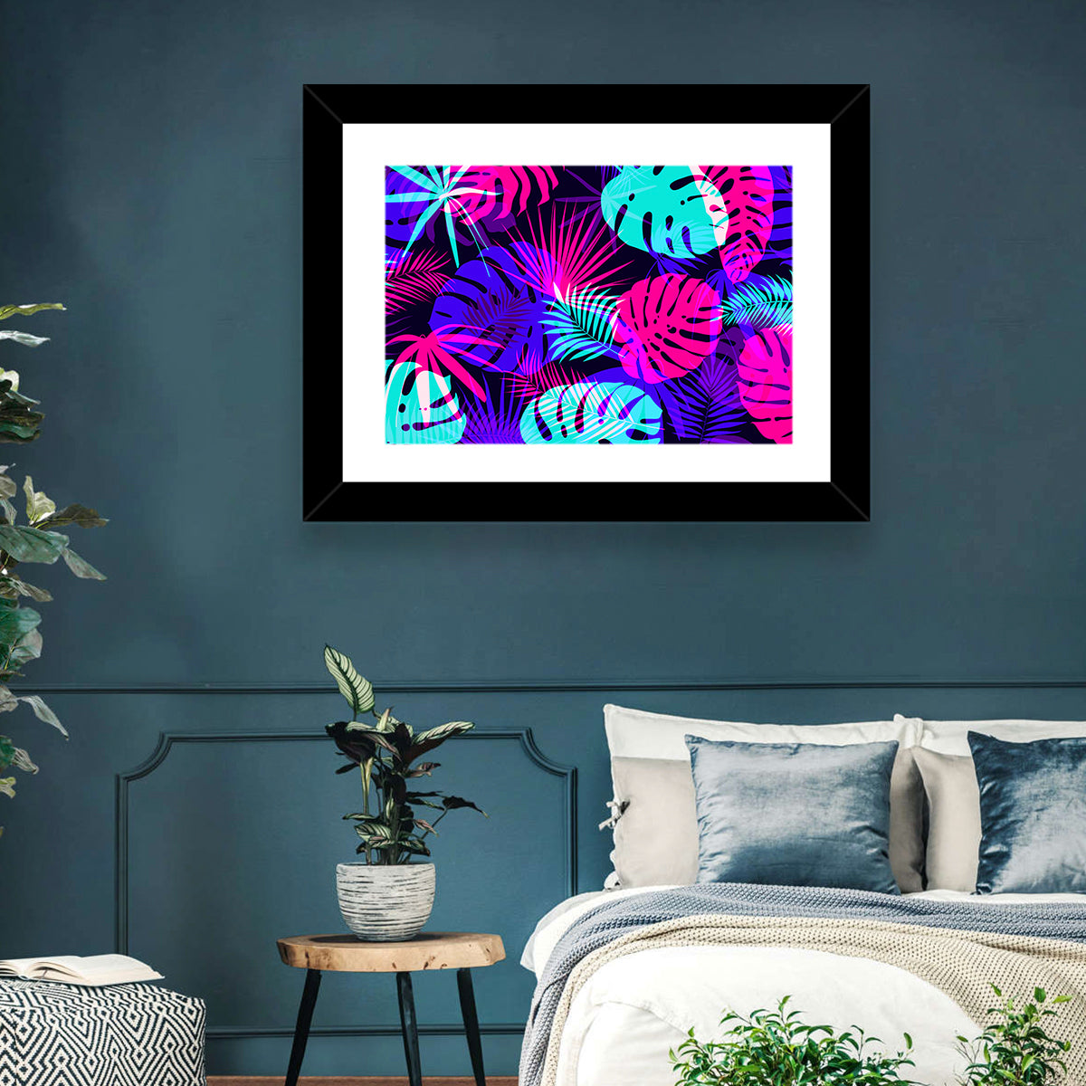 Neon Tropical Leaves Wall Art in a room, landscape