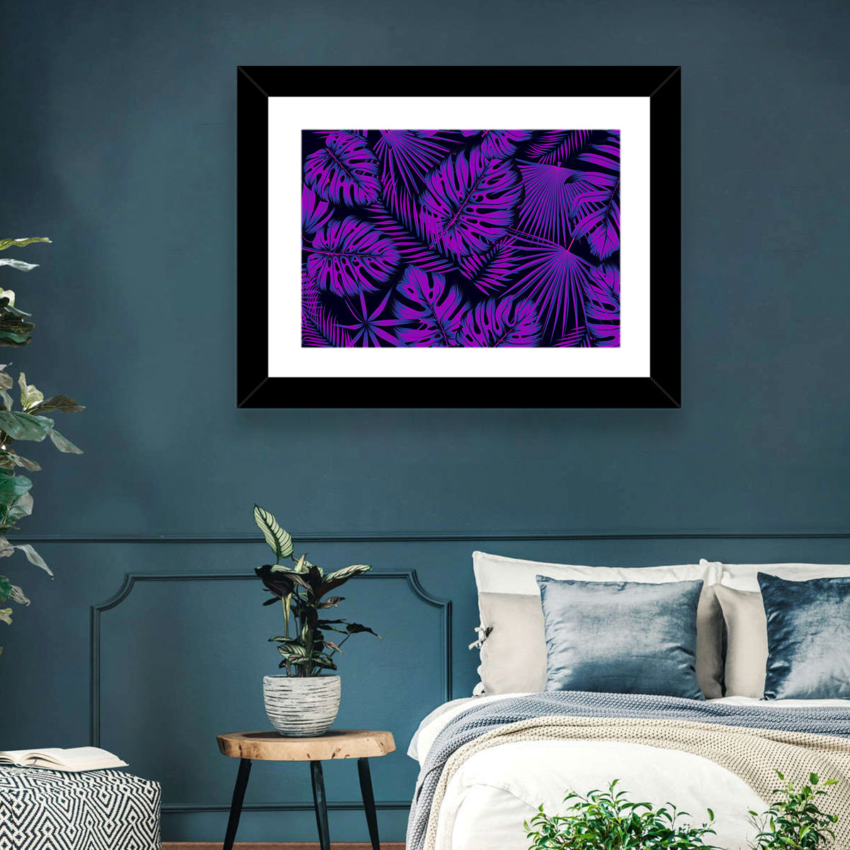 Violet Tropical Leaves Wall Art in a room, landscape