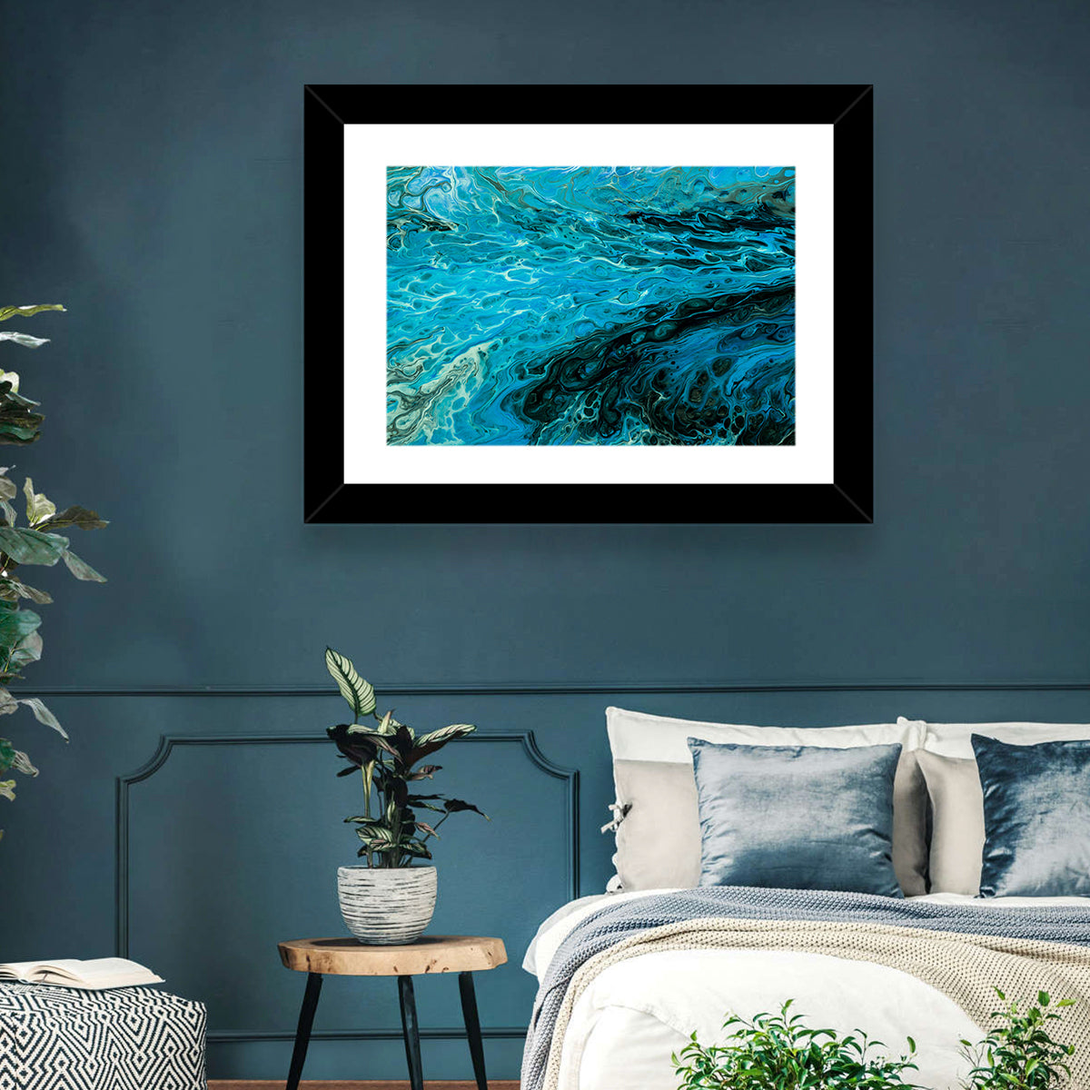 Liquid Marble Blue Abstract Wall Art in a room, landscape