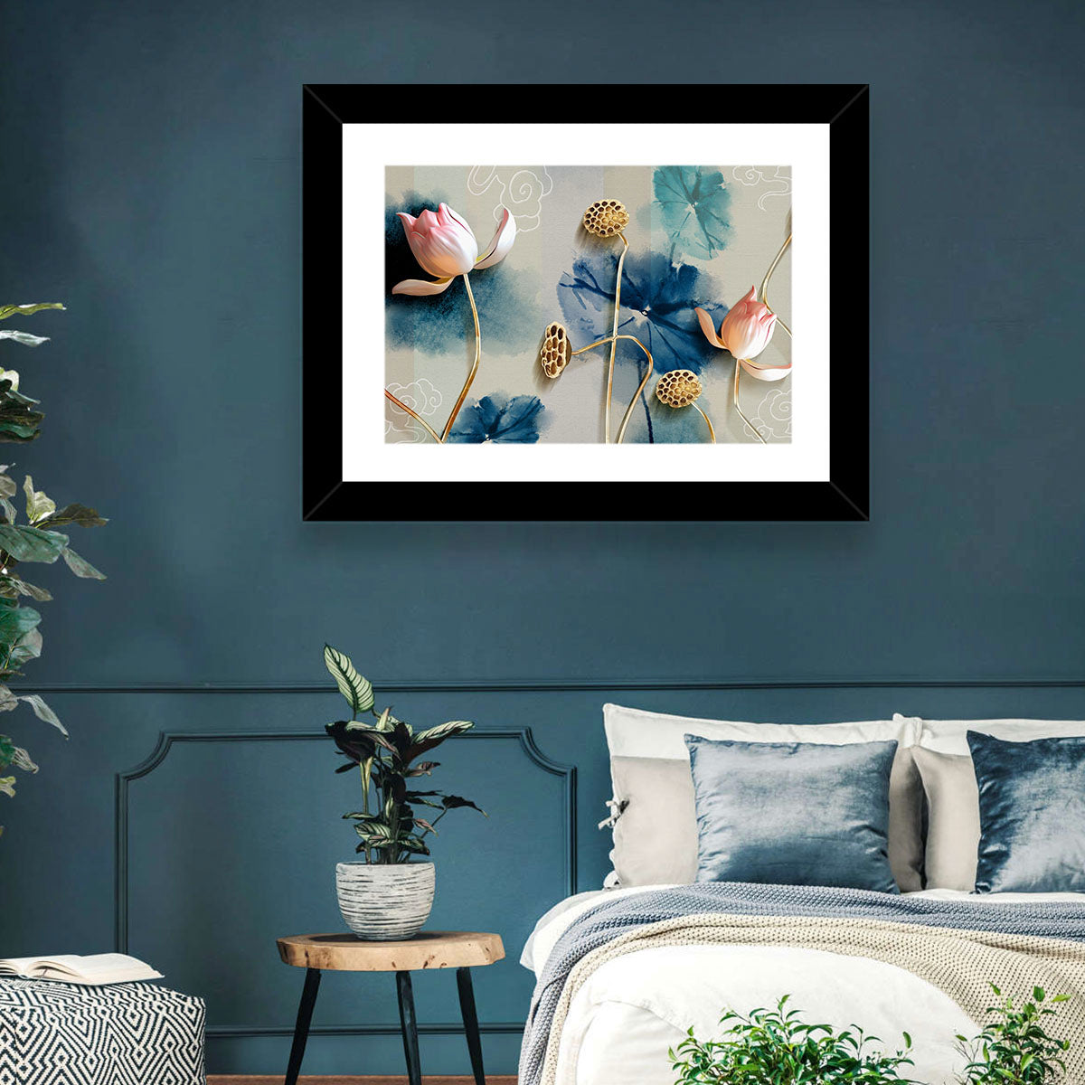 Blue Lotus Botanical Backdrop Wall Art in a room, landscape