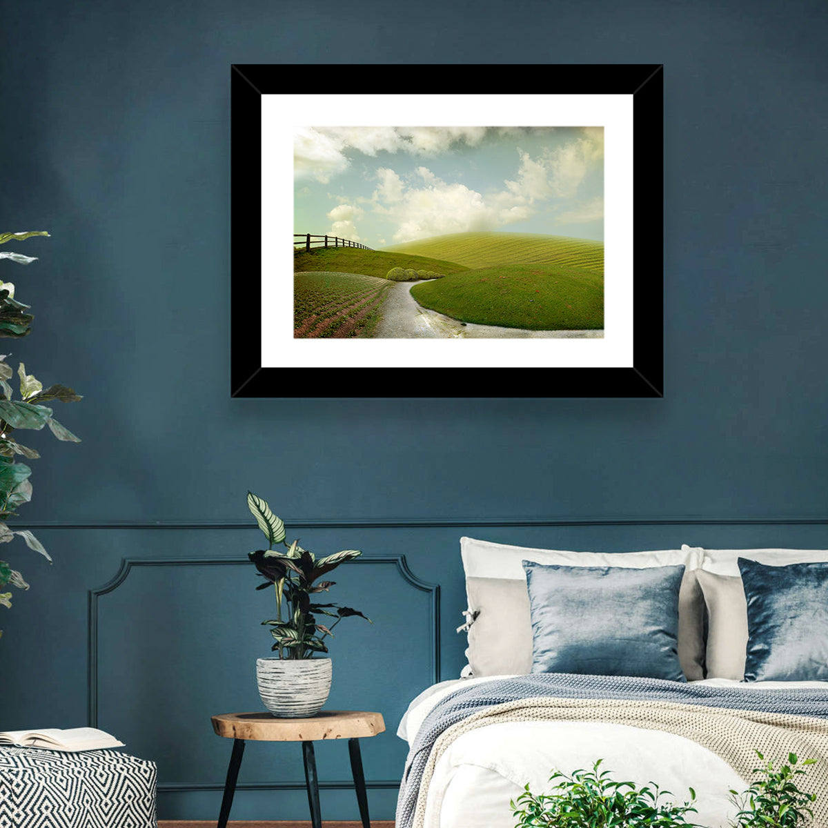 Winding Road Through Rolling Hills Wall Art in a room, landscape