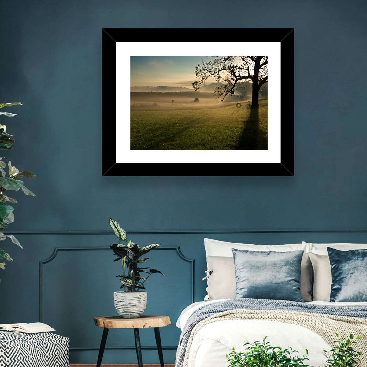 Tire Swing in Morning Mist Wall Art in a room, landscape