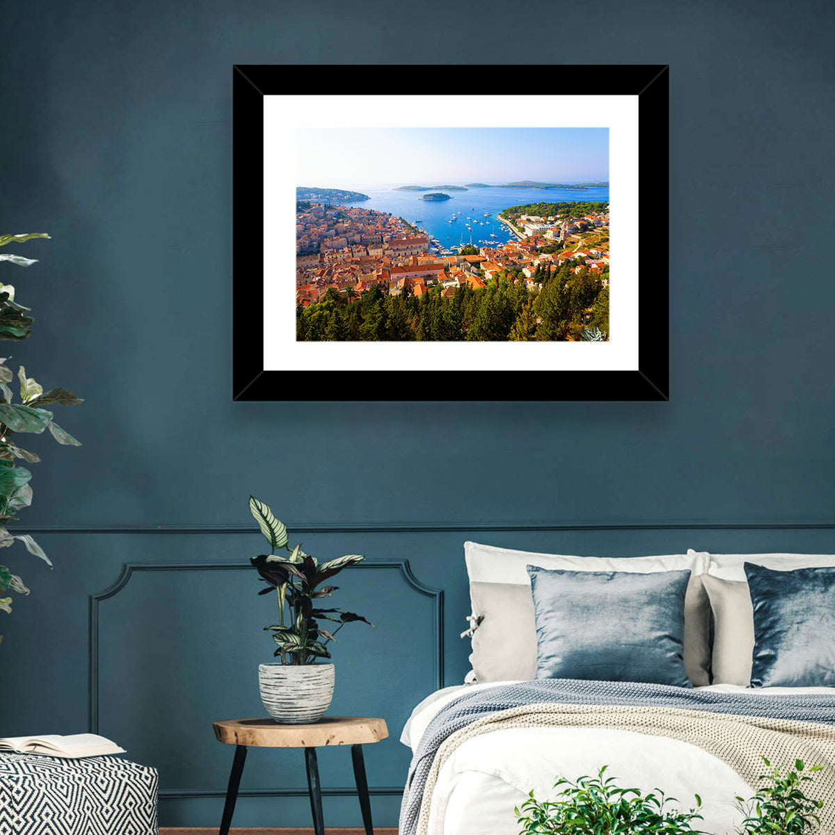 Hvar Harbor Aerial View Wall Art in a room, landscape