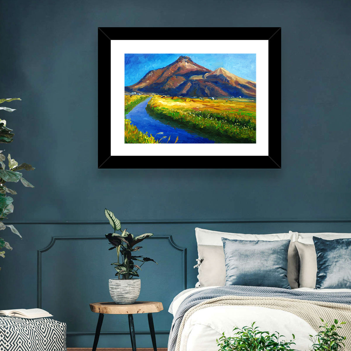 Mountain Village Stream at Golden Hour Wall Art in a room, landscape