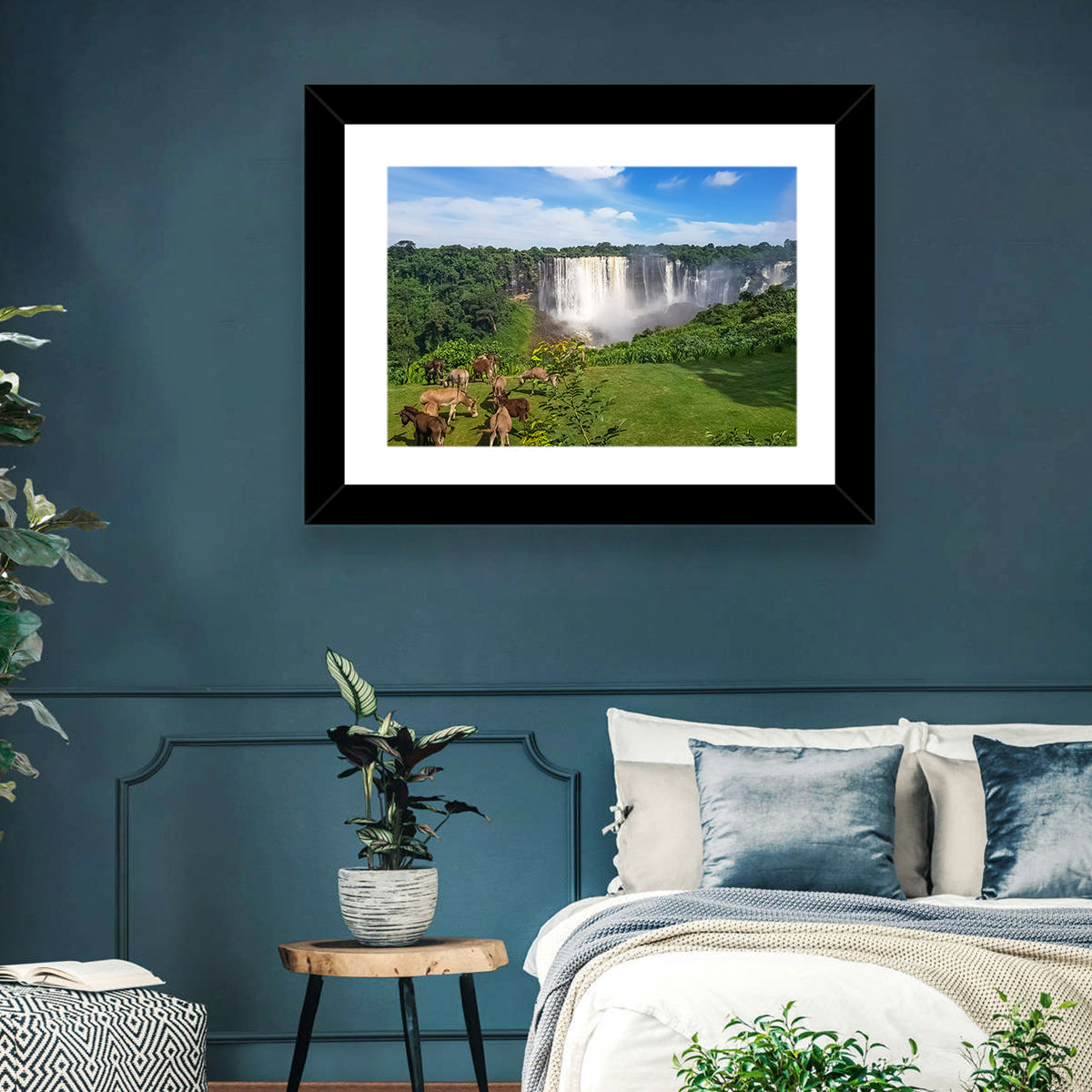 Kalandula Falls and Grazing Donkeys Wall Art in a room, landscape