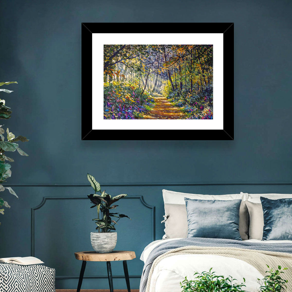 Sunlit Forest Path with Wildflowers Wall Art in a room, landscape