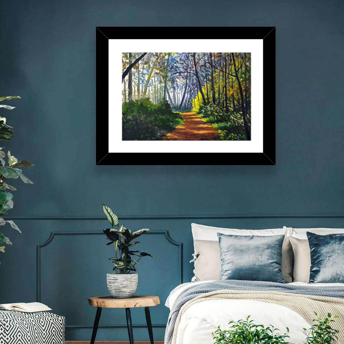 Sunlit Forest Alley Path Wall Art in a room, landscape