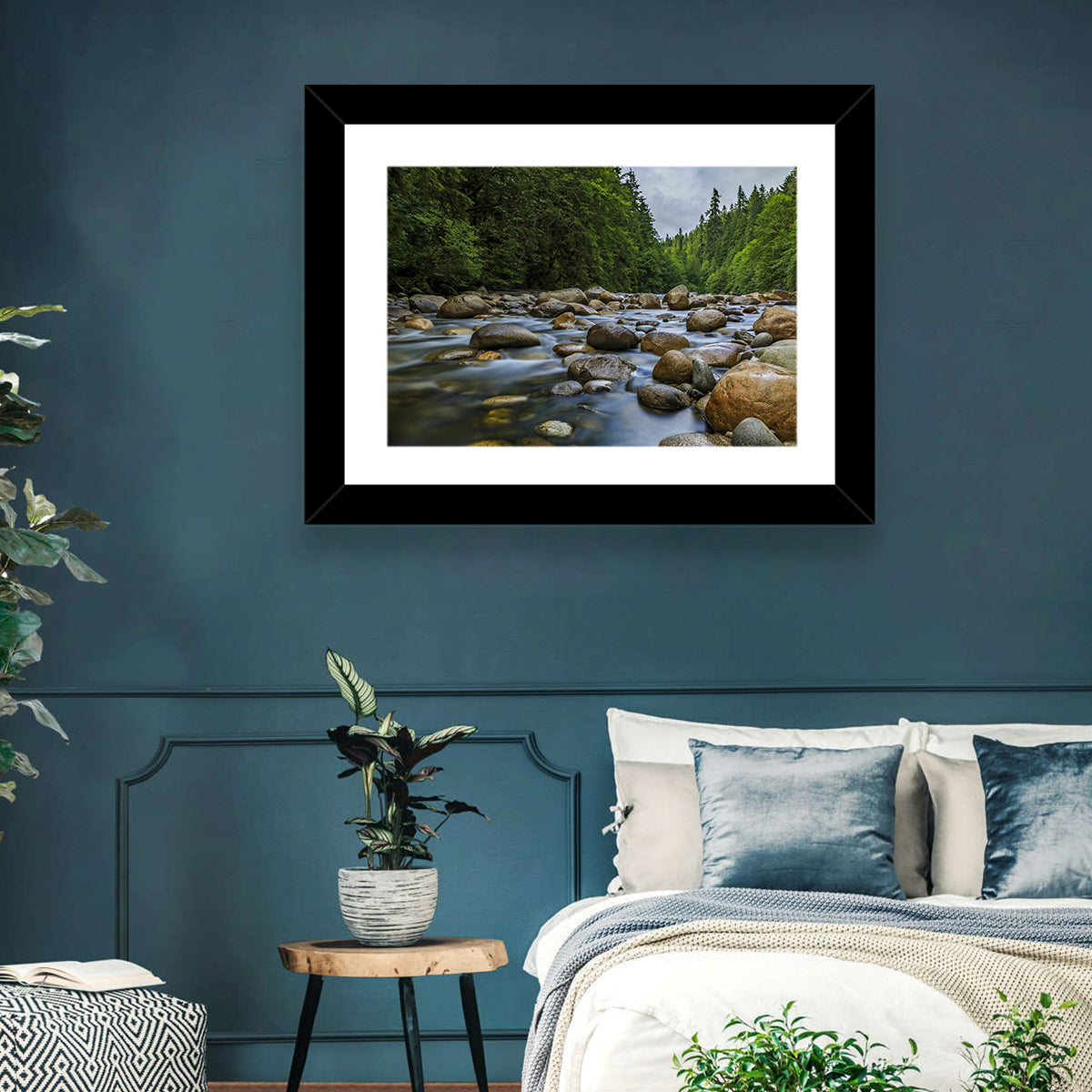 Lynn Canyon Riverbed Forest Wall Art in a room, landscape