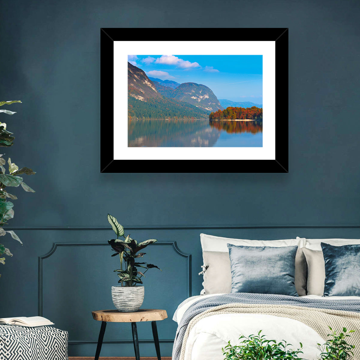 Lake Bohinj Autumn Reflection Wall Art in a room, landscape