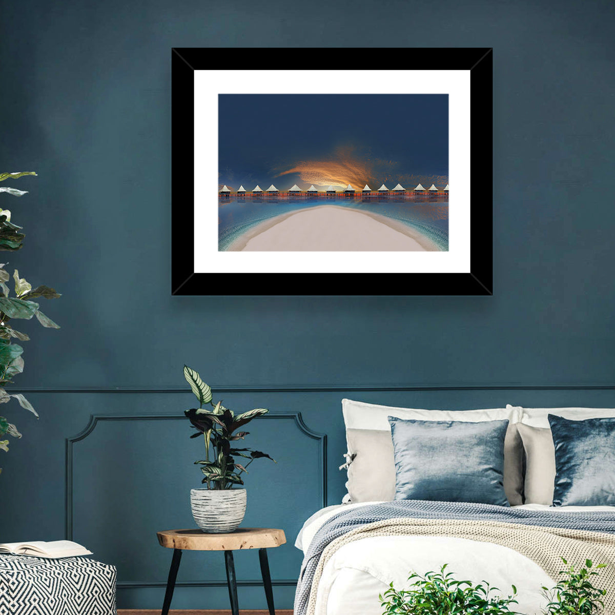 Overwater Bungalows at Golden Dusk Wall Art in a room, landscape