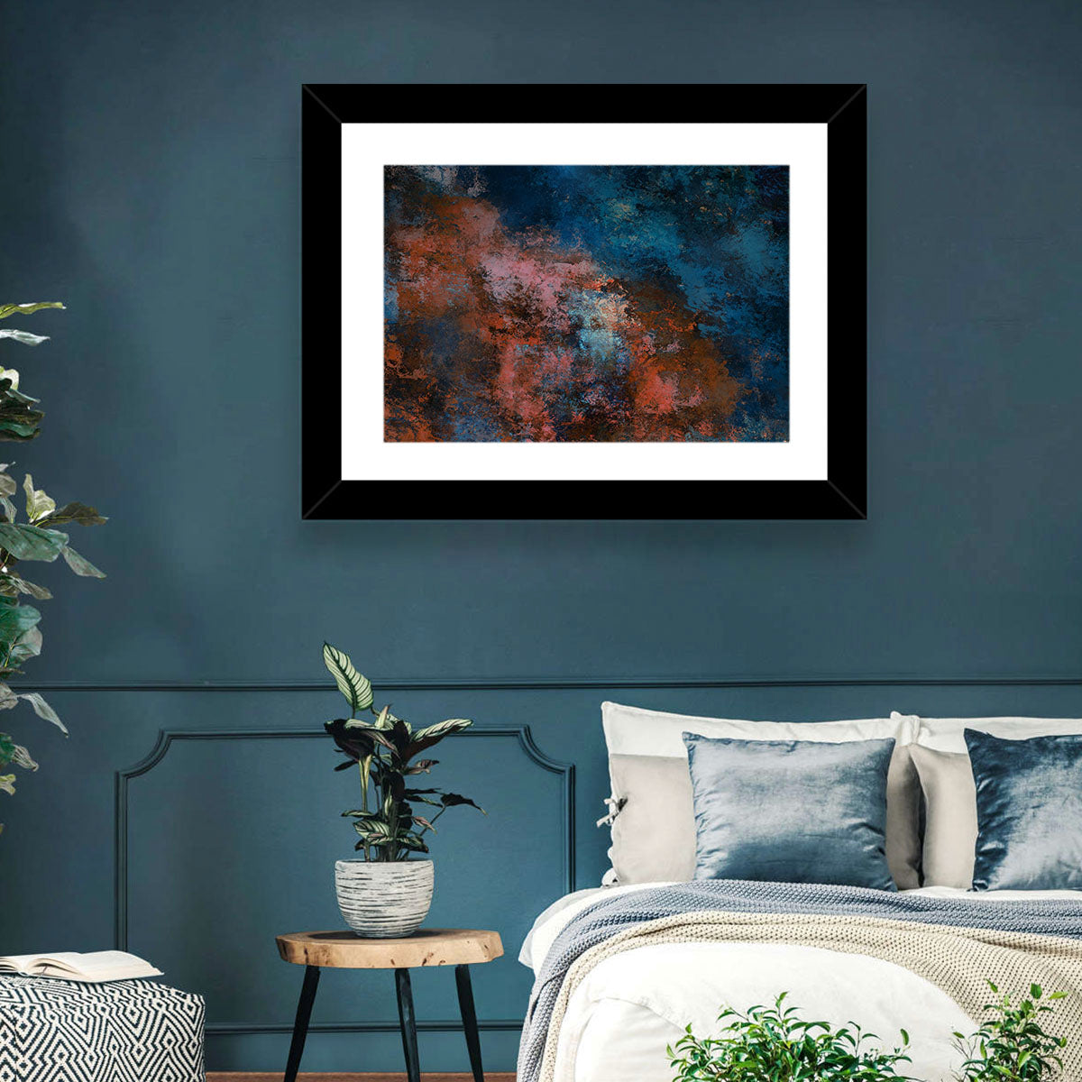 Blue to Rust Color Field Wall Art in a room, landscape