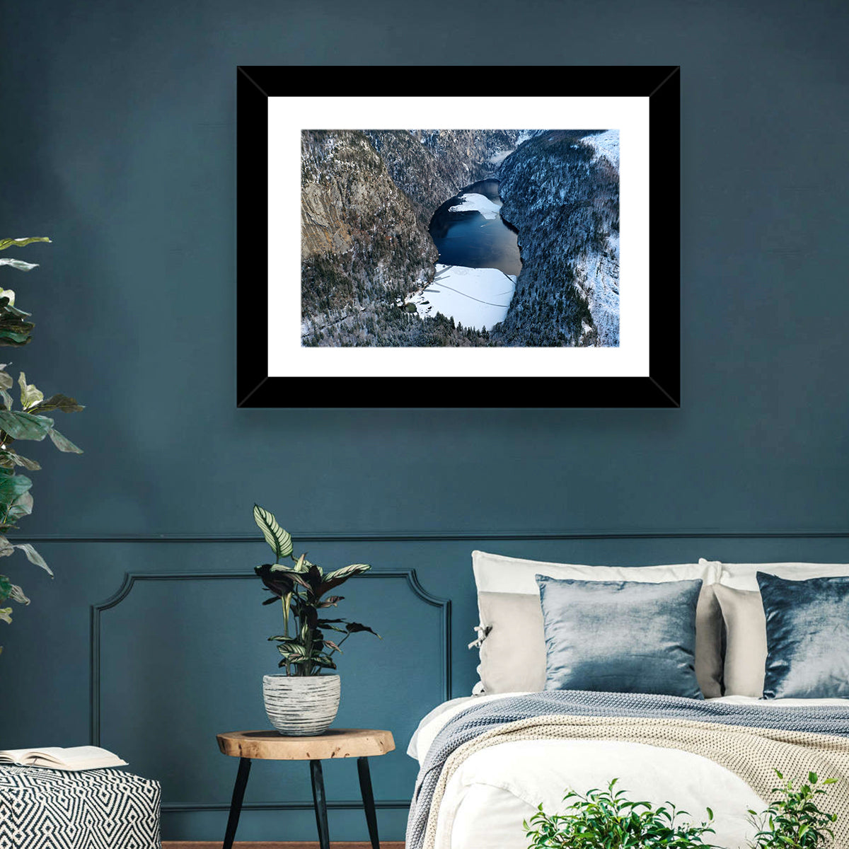 Toplitz Lake Winter Aerial Wall Art in a room, landscape