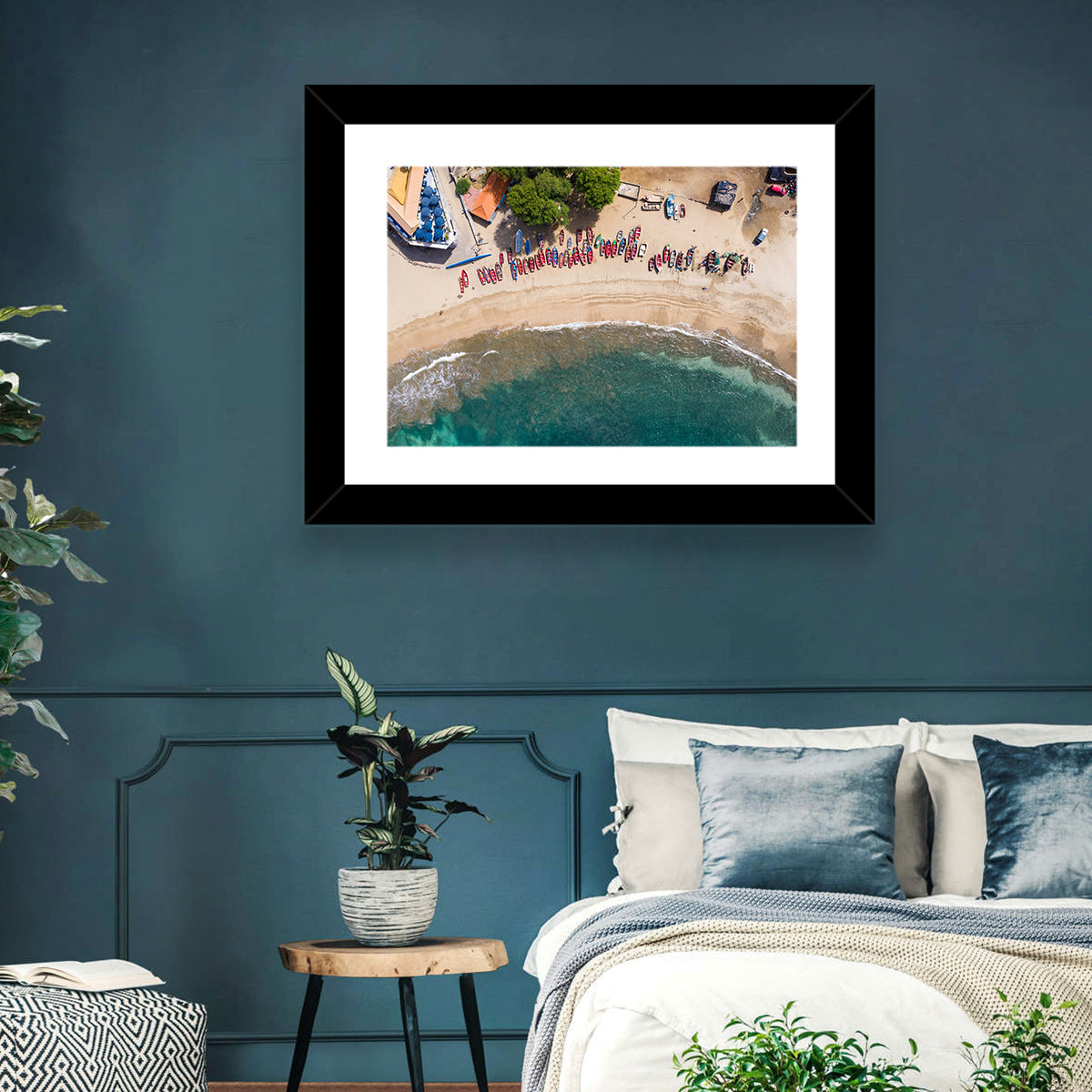 Aerial Tarrafal Beach Fishing Boats Wall Art in a room, landscape