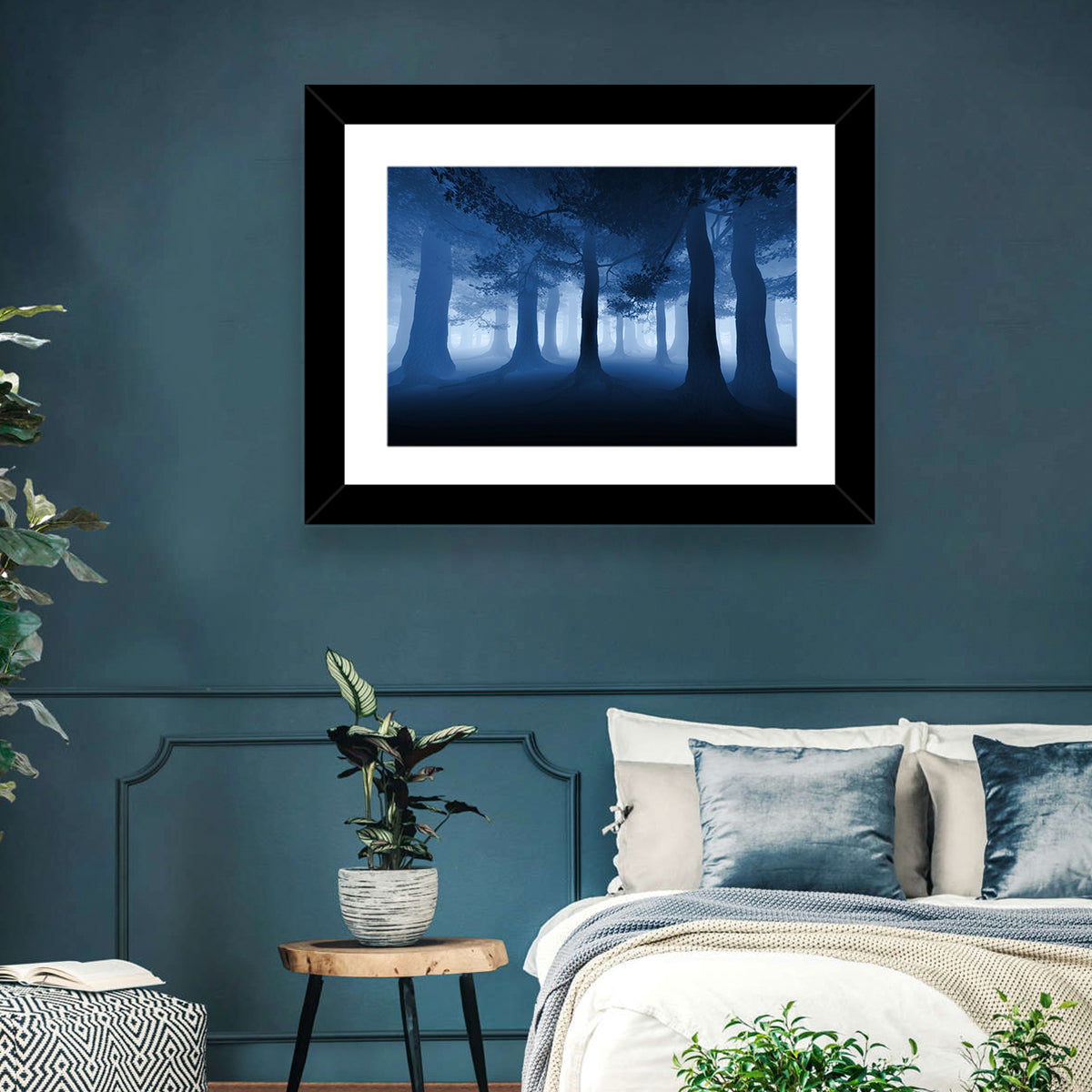 Midnight Blue Forest Wall Art in a room, landscape