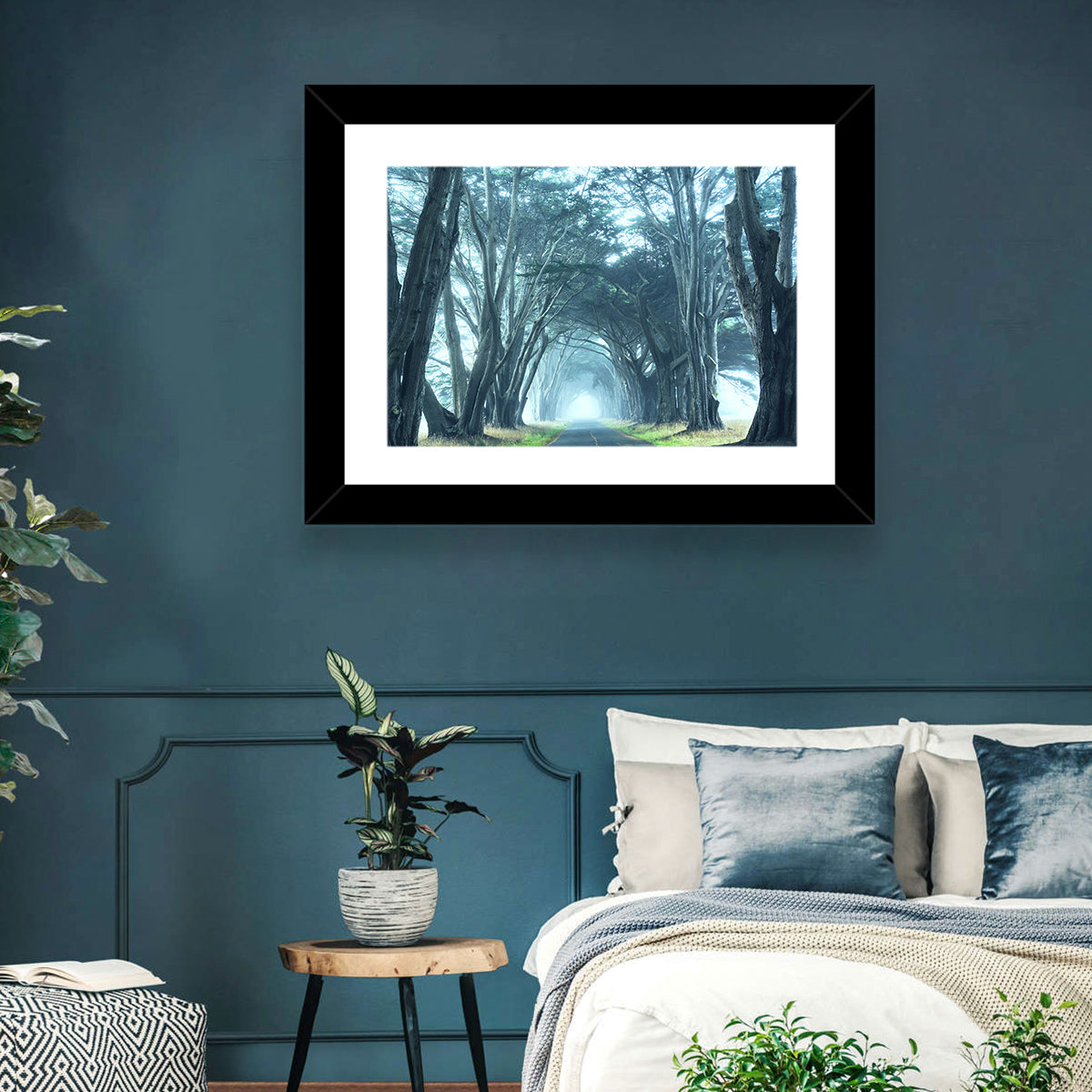 Foggy Cypress Tree Tunnel Wall Art in a room, landscape