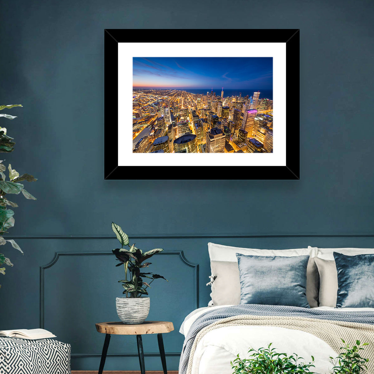 Aerial Chicago Nightscape Wall Art in a room, landscape