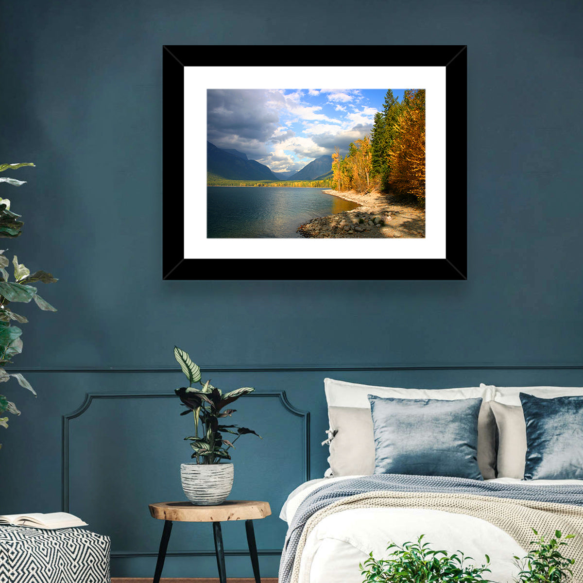 Lake Mcdonald Autumn Shoreline Wall Art in a room, landscape