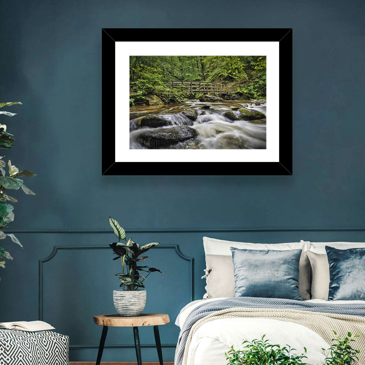Stock Ghyll Footbridge Forest Stream Wall Art in a room, landscape