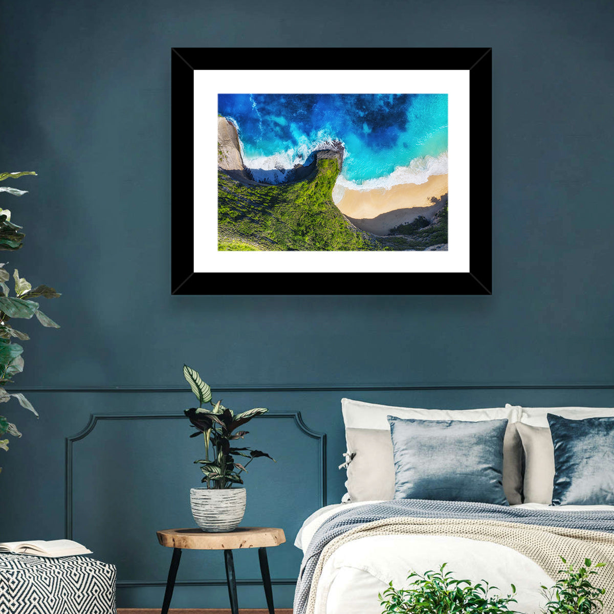 Kelingking Beach Cliffs Wall Art in a room, landscape