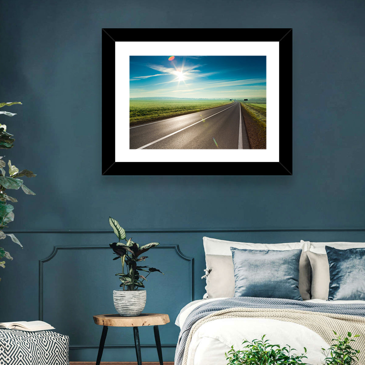 Sunlit Road Through Green Field Wall Art in a room, landscape
