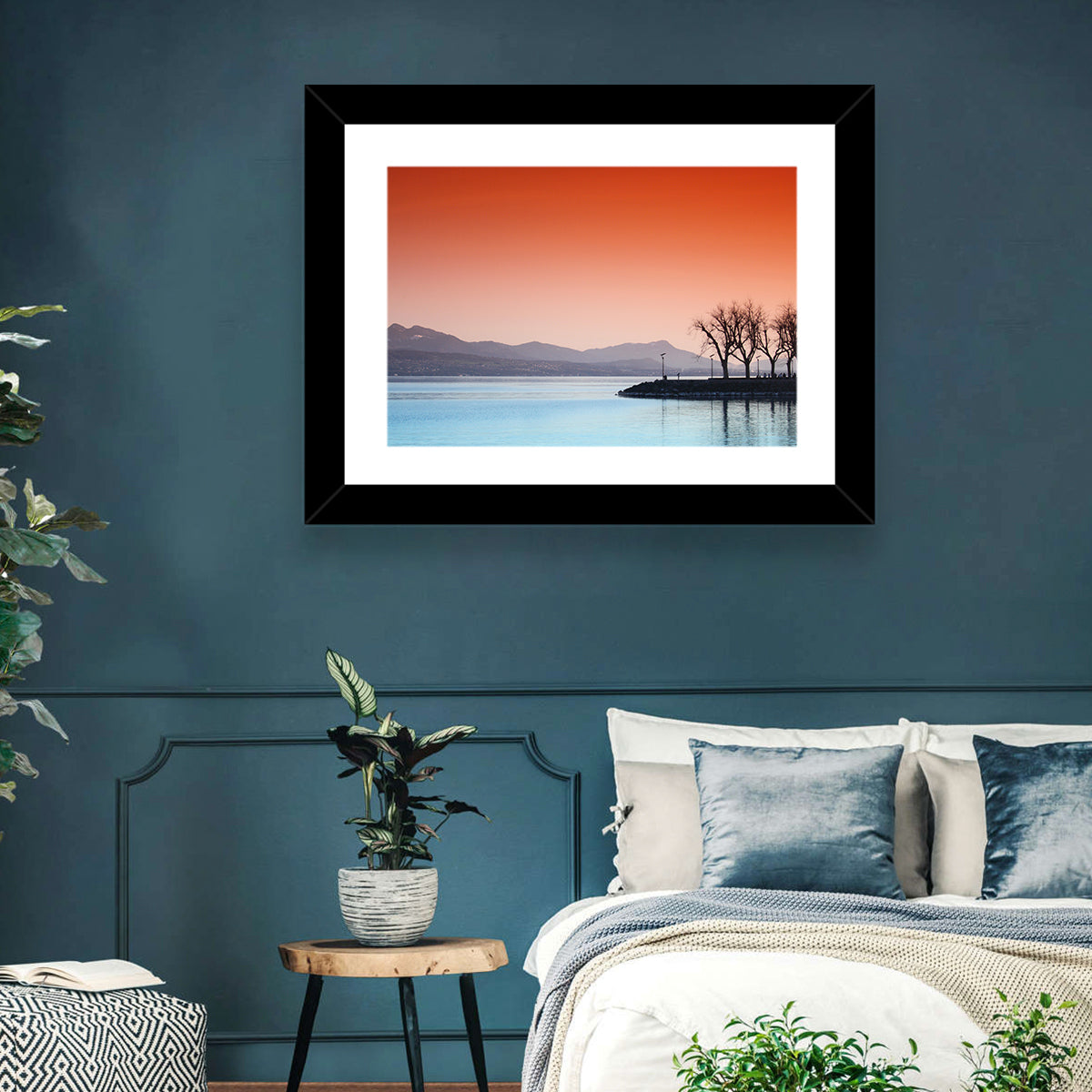 Lake Geneva Sunset Reflection Wall Art in a room, landscape