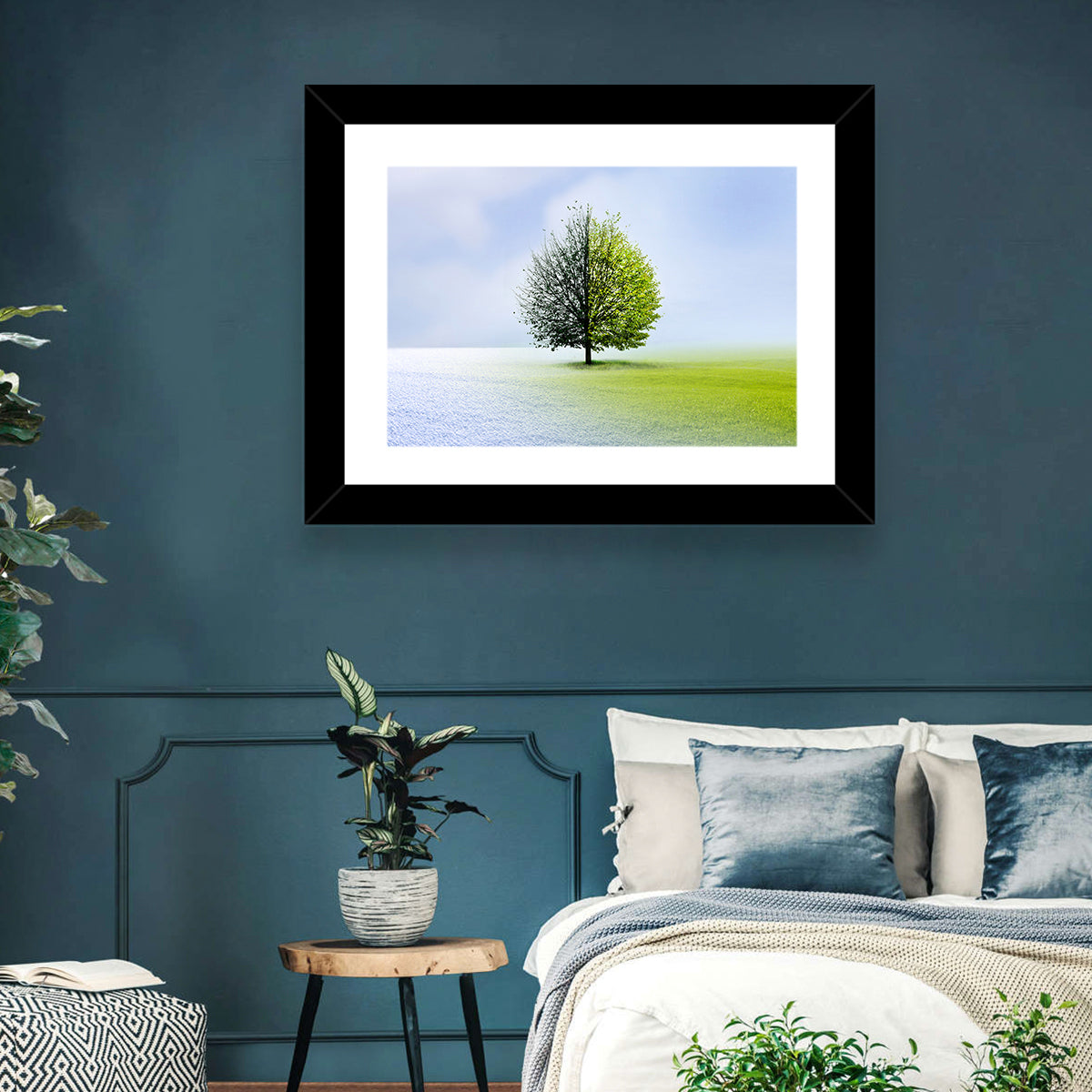 Winter to Spring Tree Wall Art in a room, landscape