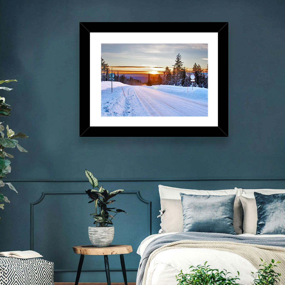 Snowy Road at Sunset Wall Art in a room, landscape