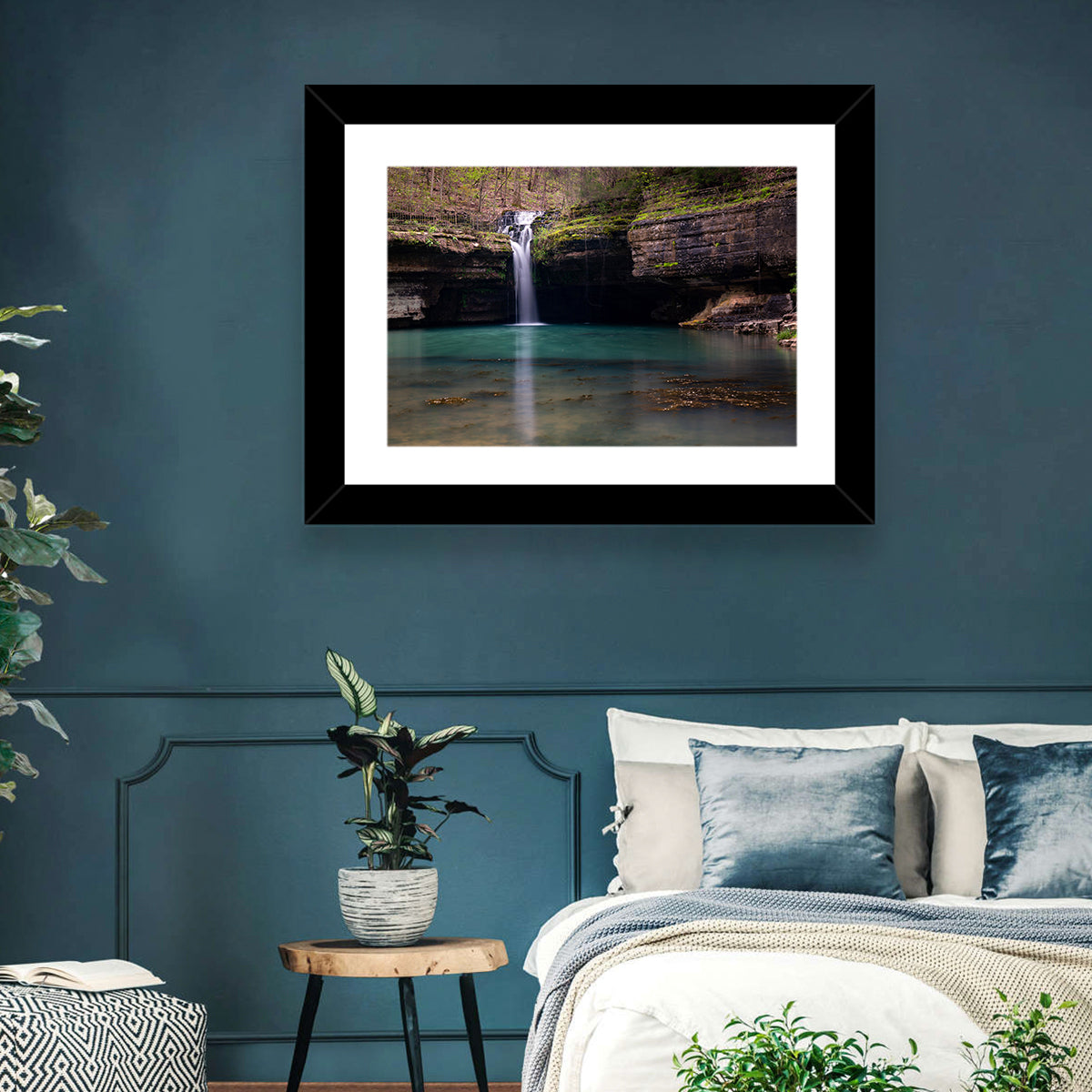 Mossy Cove Waterfall Wall Art in a room, landscape