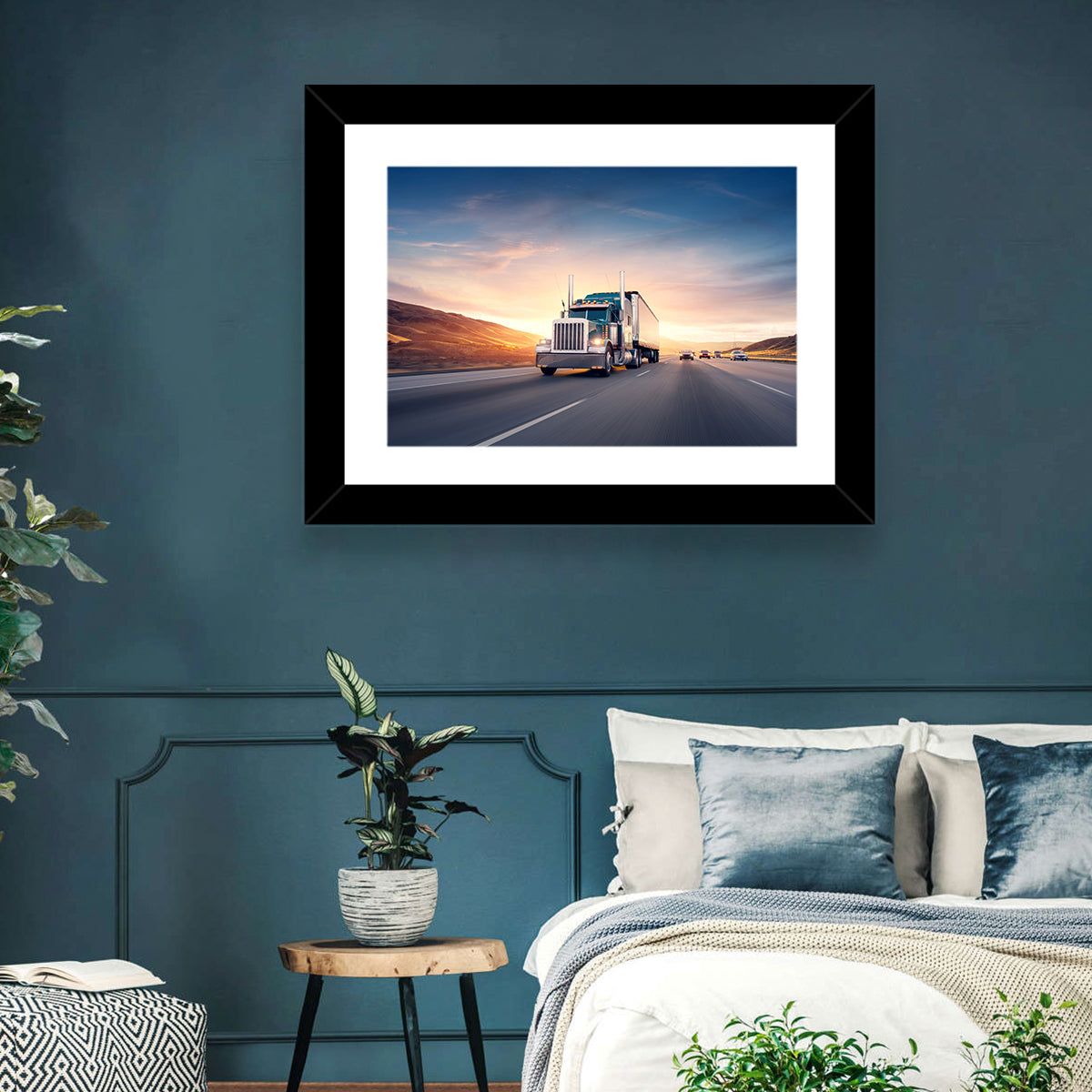 Semi Truck Highway Sunset Wall Art