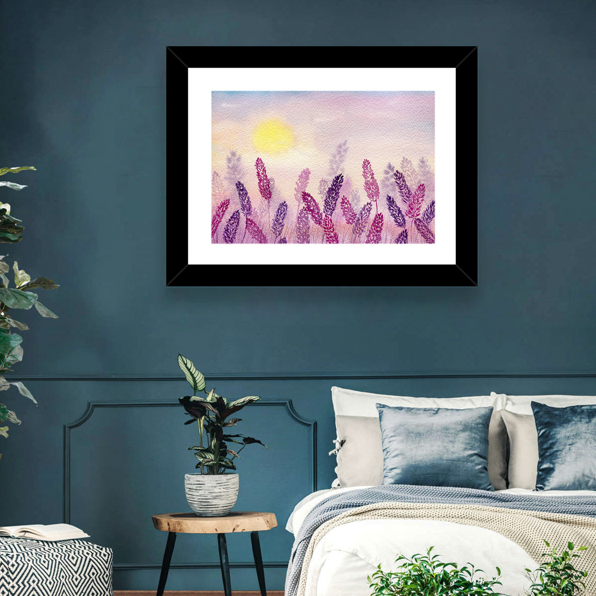 Sunlit Lavender Field Wall Art in a room, landscape