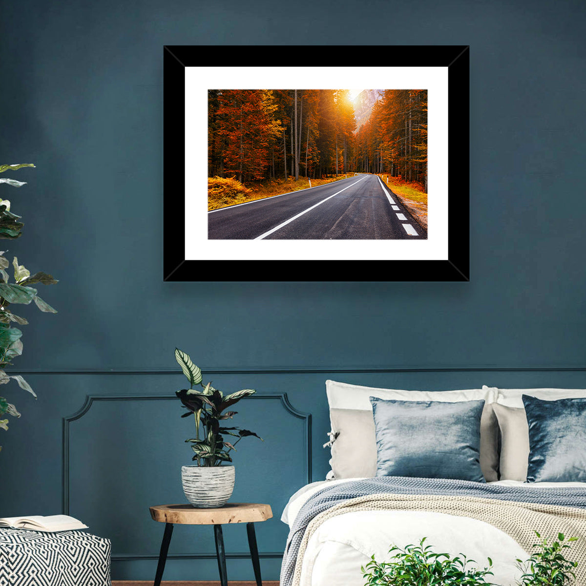 Golden Hour Forest Road Wall Art in a room, landscape