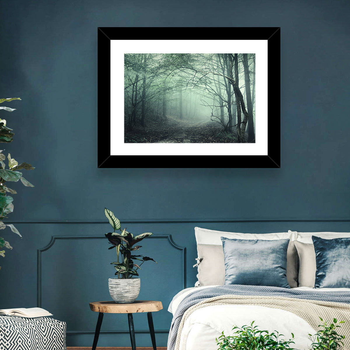 Misty Forest Path Wall Art in a room, landscape