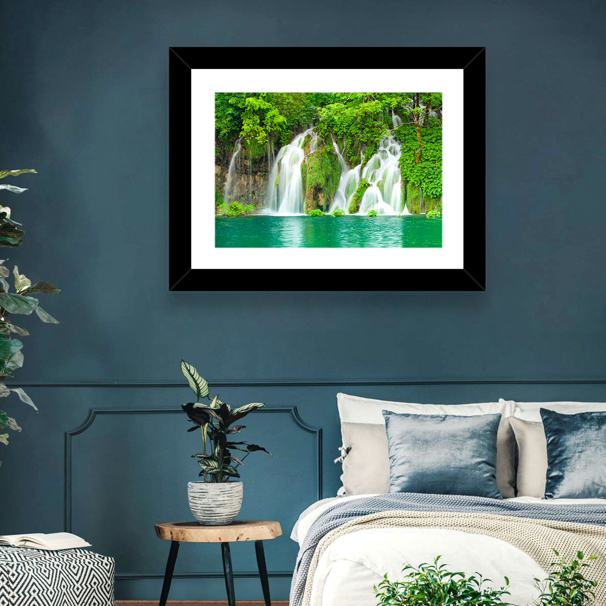 Plitvice Lakes Cascades Wall Art in a room, landscape