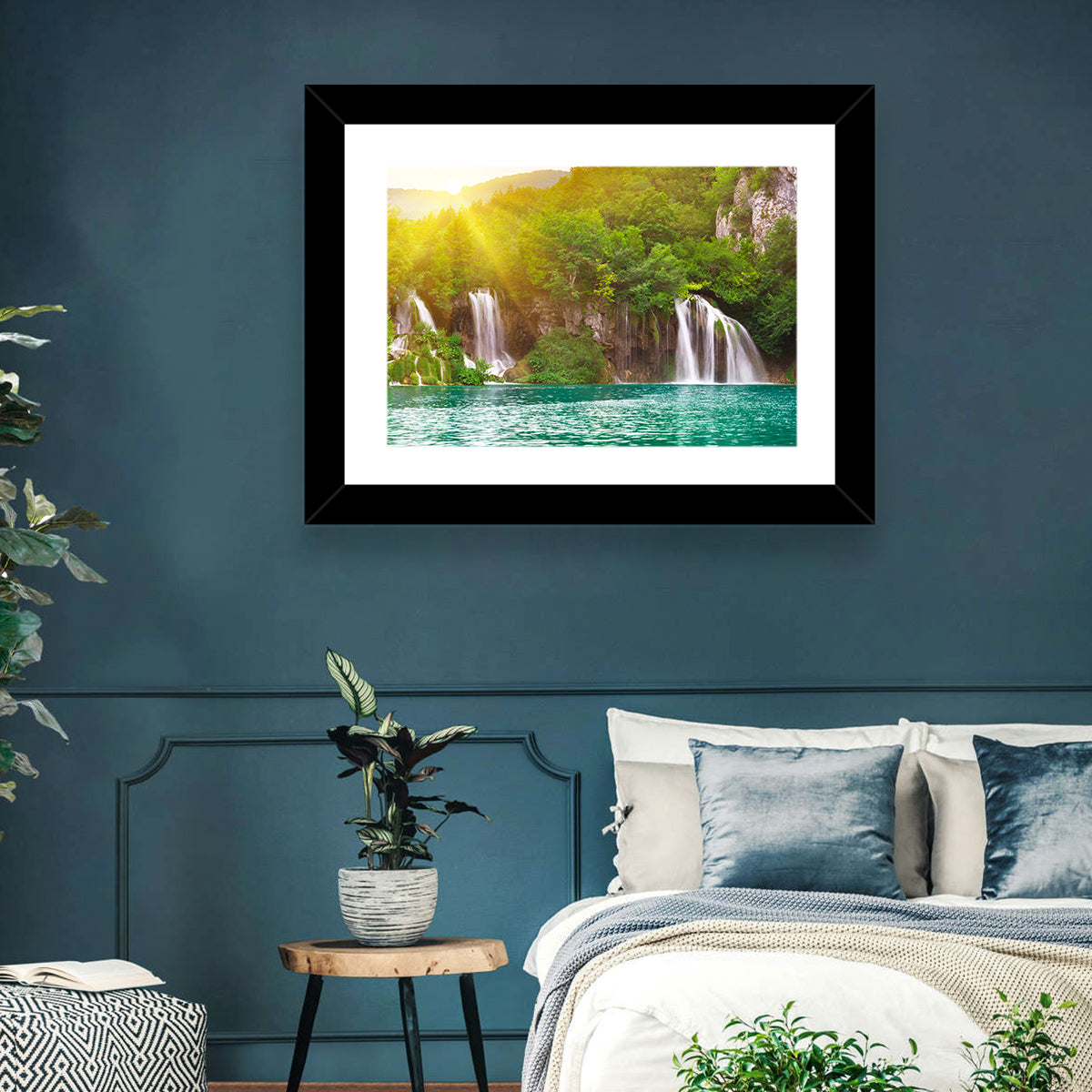 Plitvice Cascades at Sunrise Wall Art in a room, landscape