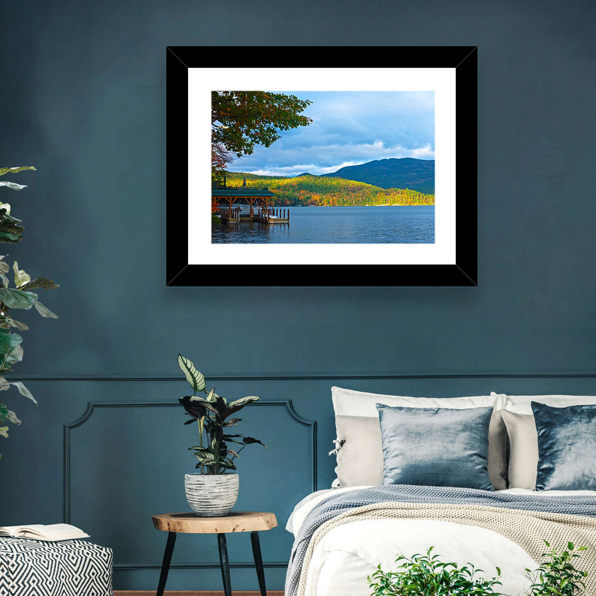 Lake George Boathouse in Autumn Wall Art in a room, landscape