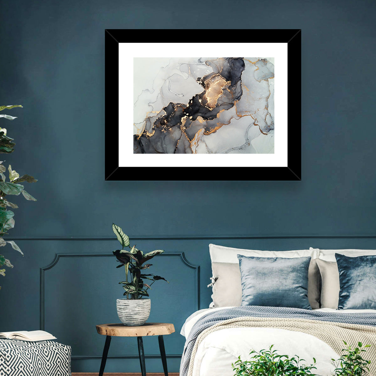 Black Fire Marble Abstract Wall Art in a room, landscape