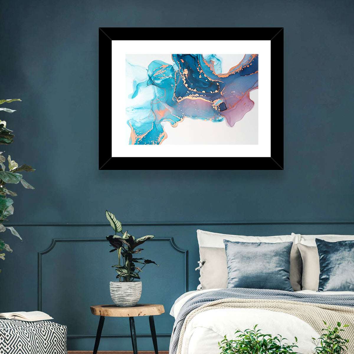 Fluid Ink with Metallic Gold Accents Wall Art in a room, landscape