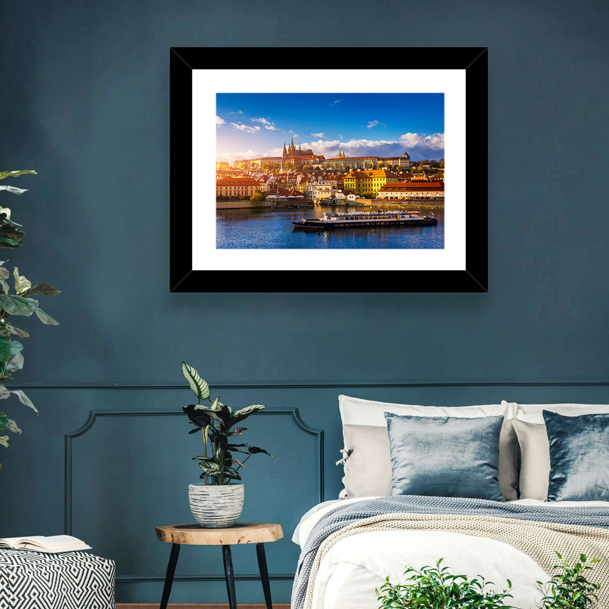 Prague Castle Golden Hour River View Wall Art in a room, landscape