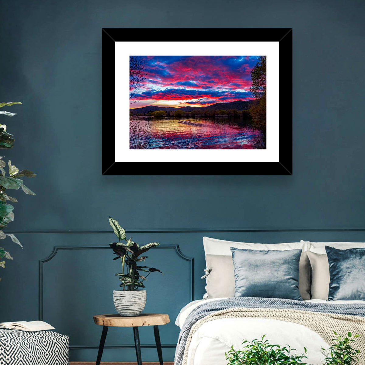 Lake Wairepo Arm Sunrise Reflection Wall Art in a room, landscape