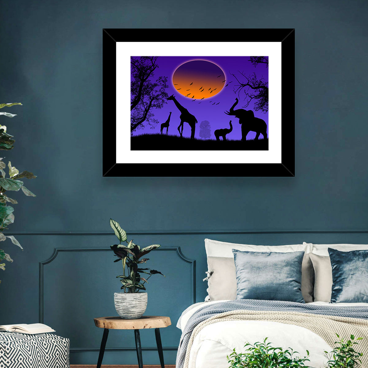 Sunset Savannah Silhouette Wall Art in a room, landscape